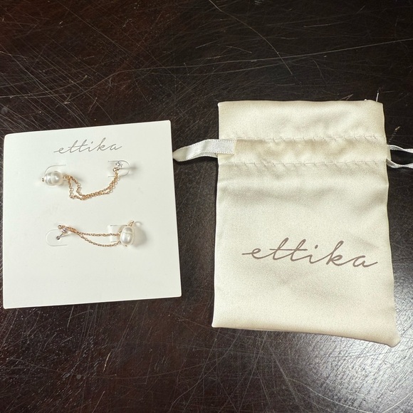 Ettika Double Pierced Earrings with Cubic Zirconia and Pearl on Chain NEW - Picture 1 of 3